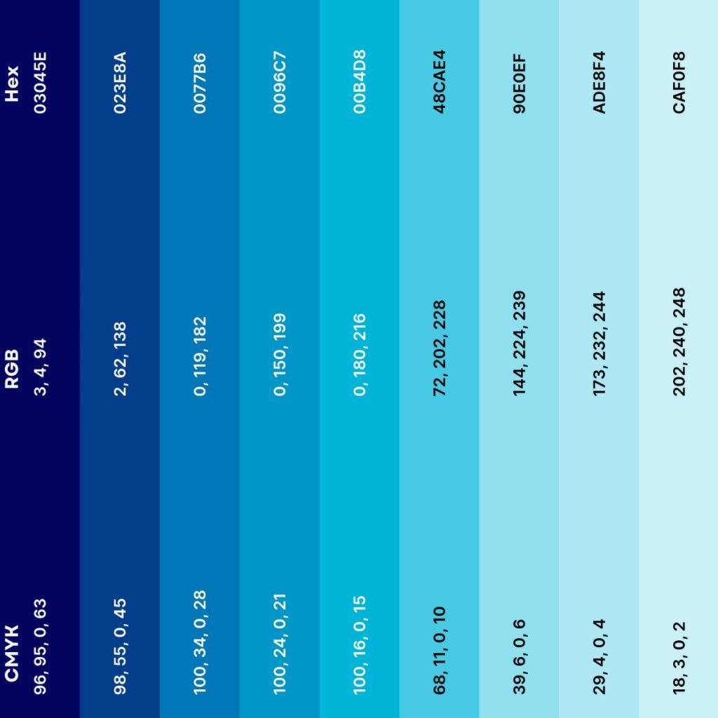 shades of blue with hex, RGB, and CMYK