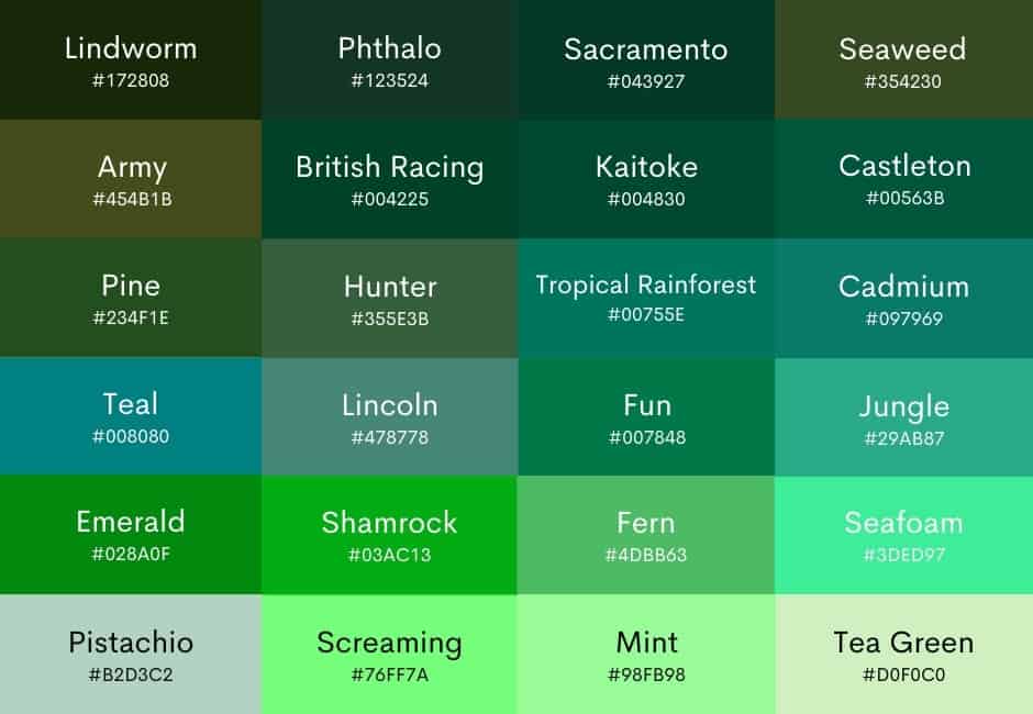 100 Shades Of Green Color With Names Hex Rgb Cmyk