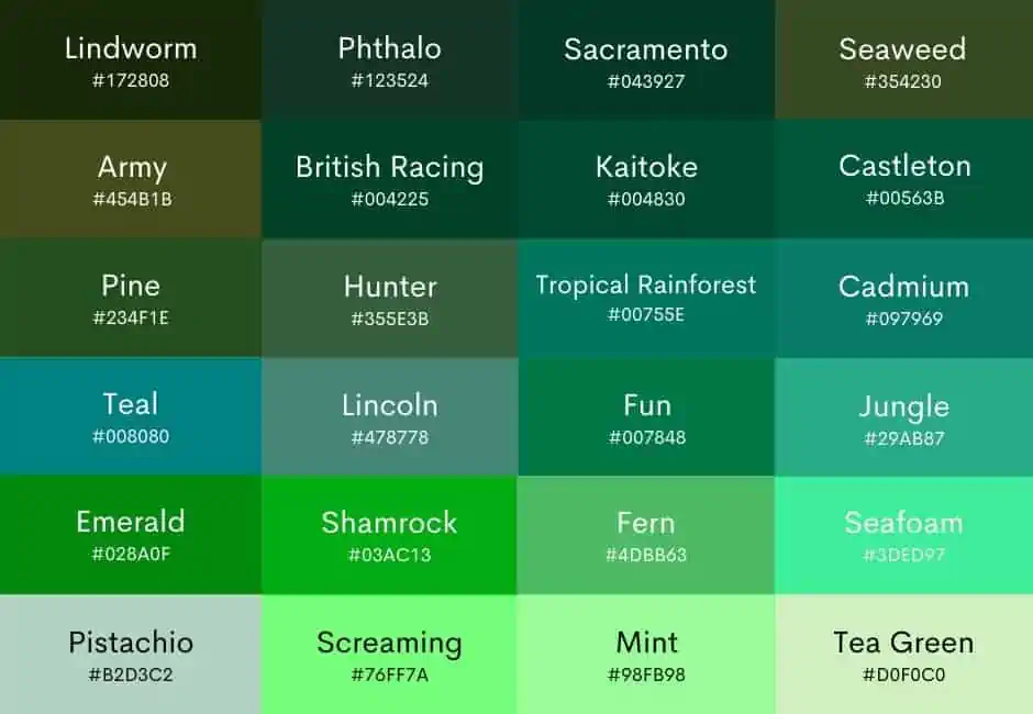 100+ Shades Of Green Color With Names, Hex, Rgb & Cmyk