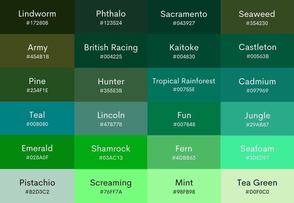 237 Shades Of Green Color Names HEX RGB CMYK Codes 47 OFF