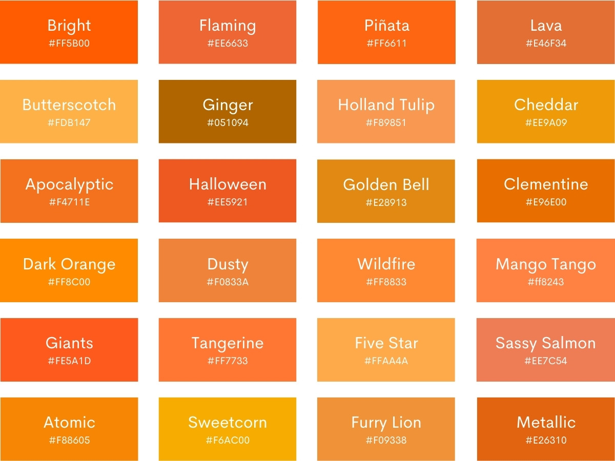 130 Shades of Orange Color With Names, Hex, RGB, CMYK Codes - Color ...