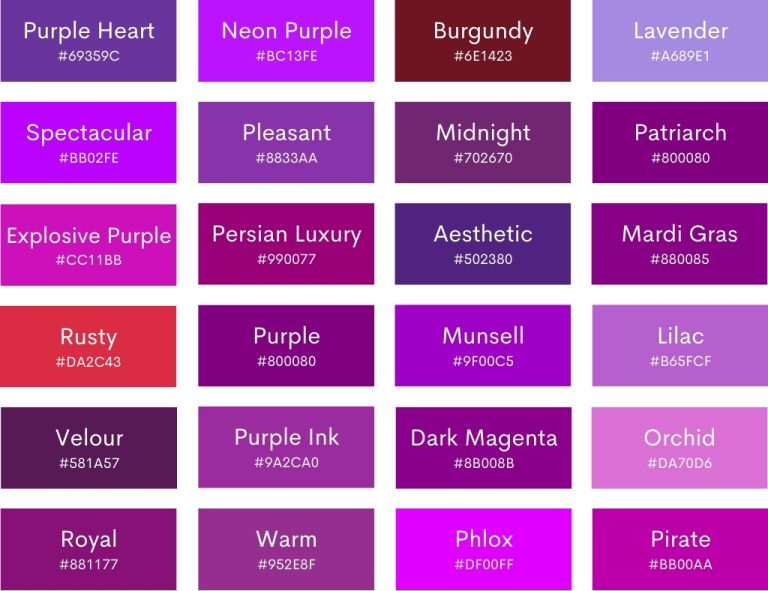 90 Shades Of Purple With Names Hex RGB CMYK