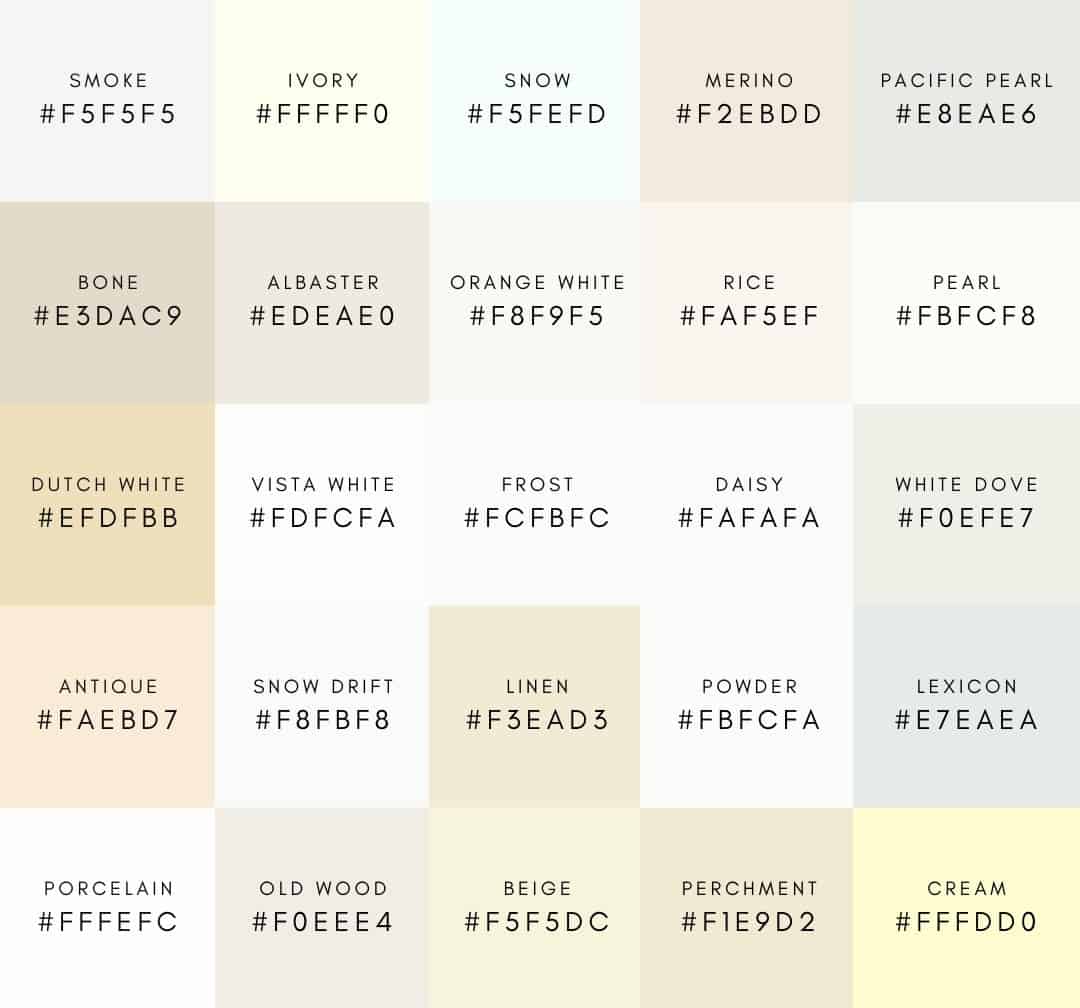 86 Shades Of White Color With Names Hex RGB And CMYK