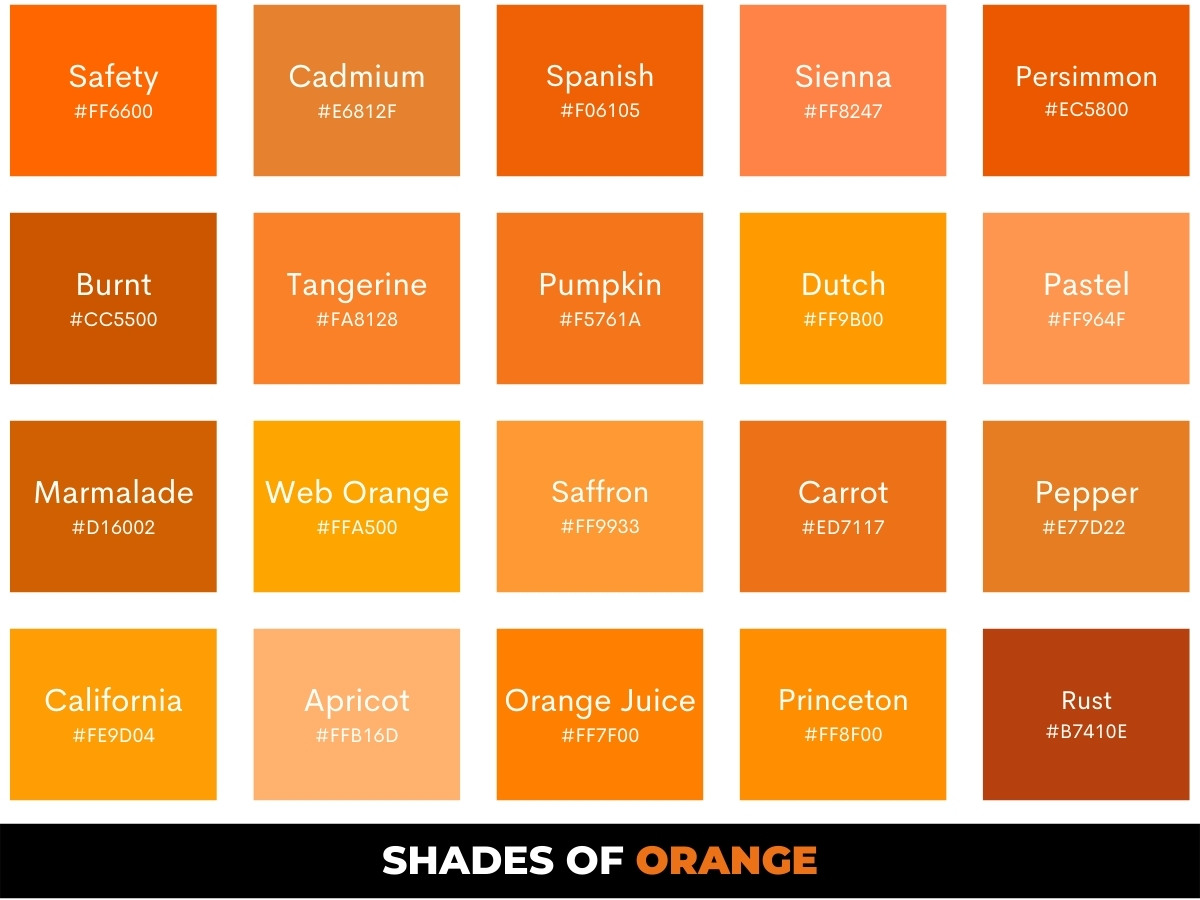 99 Shades of Orange with Names, Hex, RGB, & CMYK