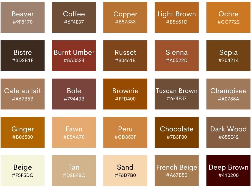 100 Shades Of Brown Color Names Hex Rgb Cmyk Codes Brown Color ...