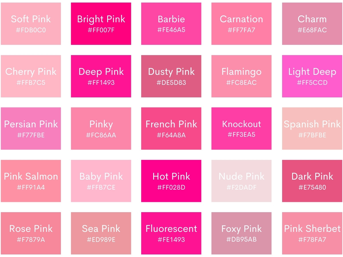 150 Shades of Pink with Names, Hex, RGB, & CMYK