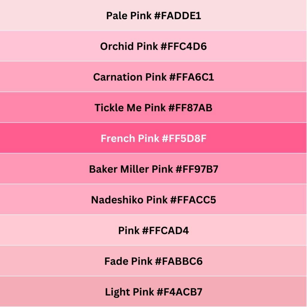Color's pink  Shades of pink names, Pink color chart, Color names chart