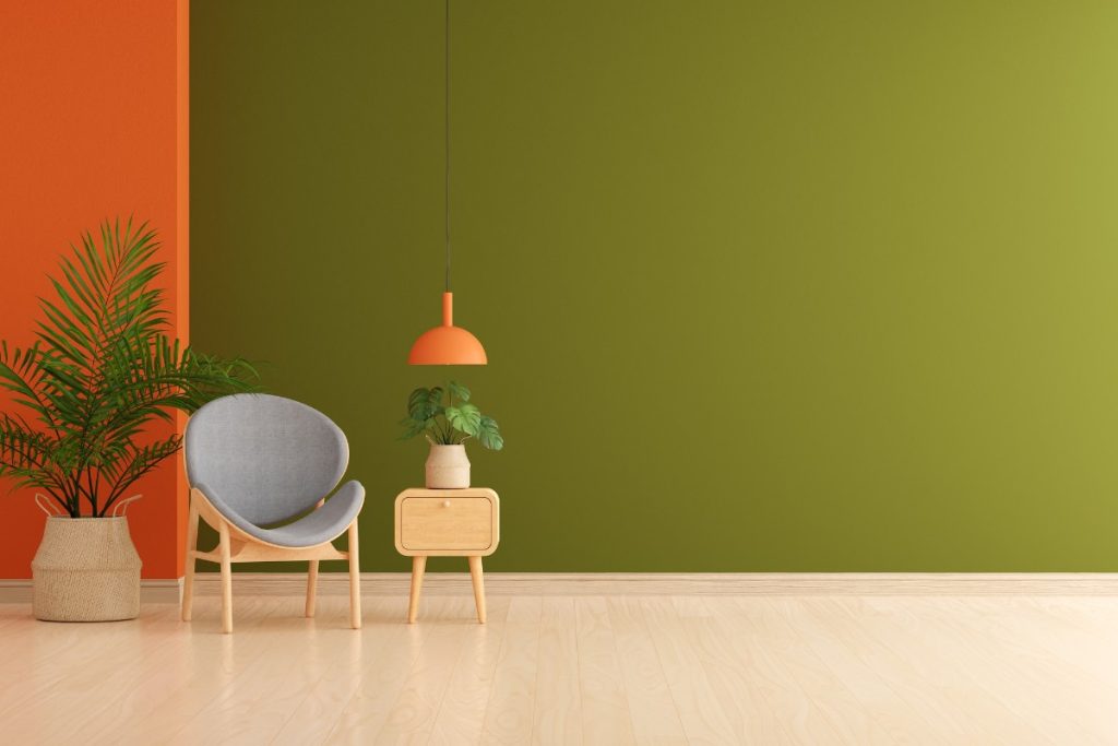 minimalist green and orange living room