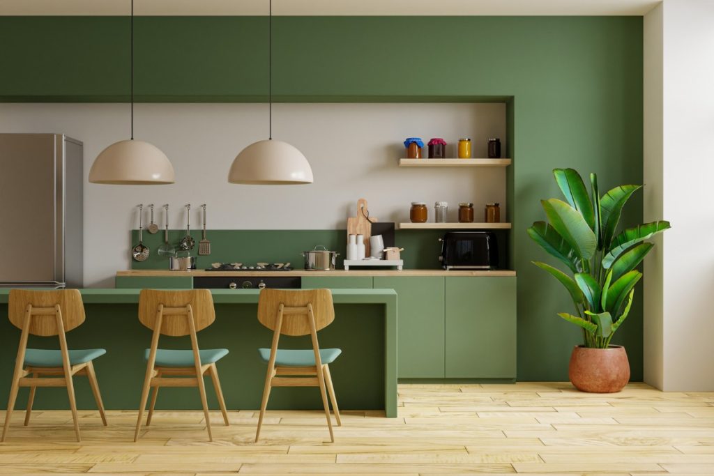 modern kitchen in beige green color