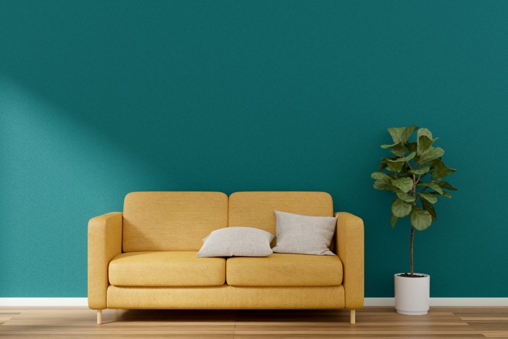 modern deep jungle green and yellow living room