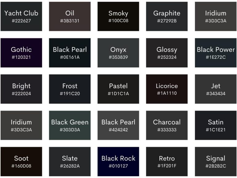 100 Shades of Black with Names, Hex, RGB, & CMYK