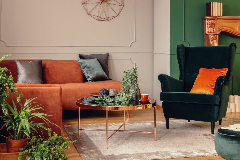 vintage green and copper living room