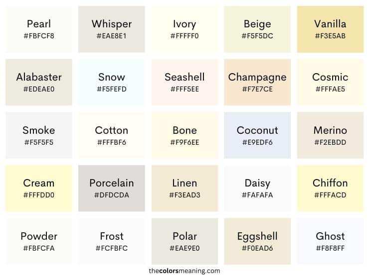 122 Shades Of White Color With Names, Hex, RGB, CMYK Codes, 52 OFF