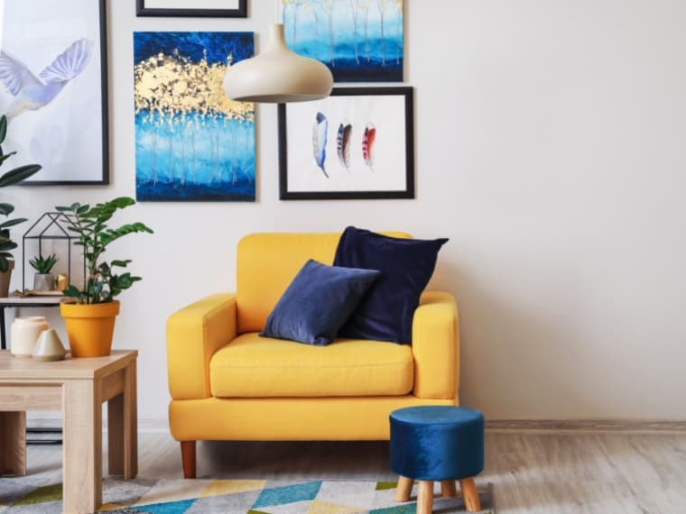 yellow and royal blue color combination on a stylish interior living room