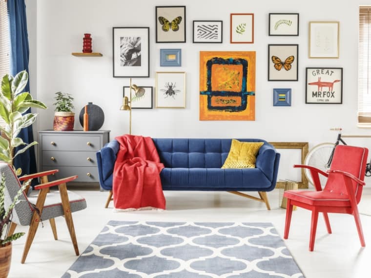 A blue and red living space