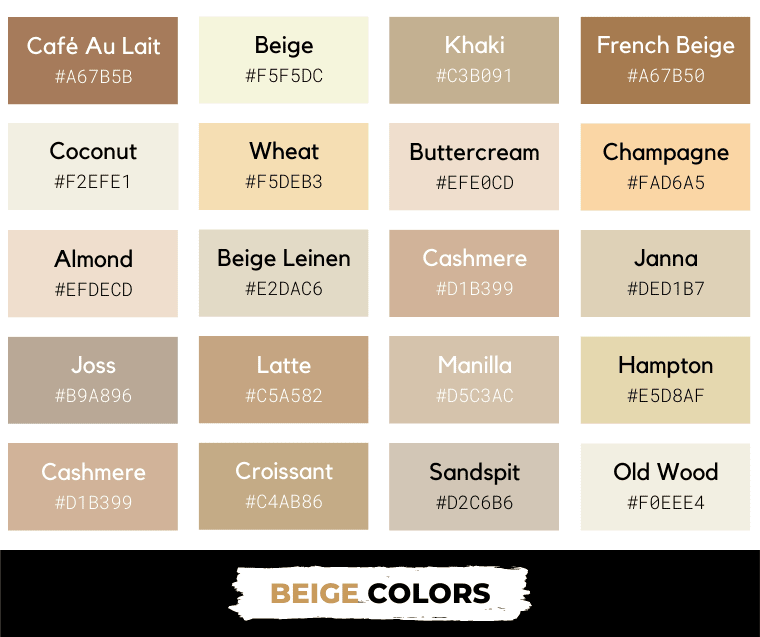 Tan and Beige colors with names and hex codes