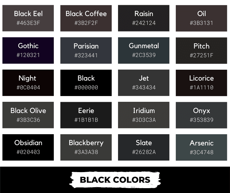 Black colors with names and hex codes