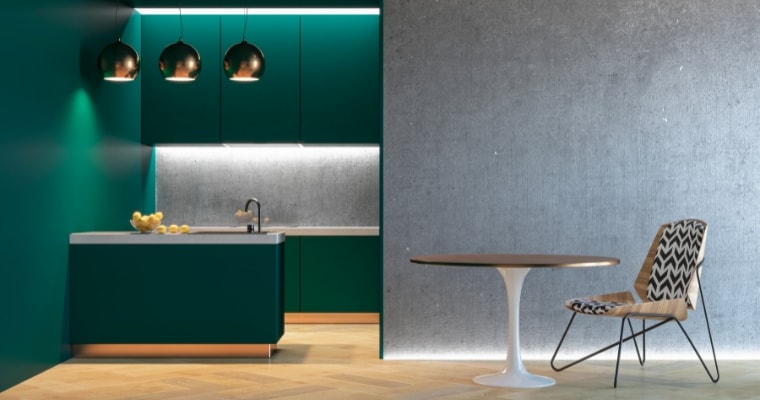 Teal (blue-green) and gray kitchen design