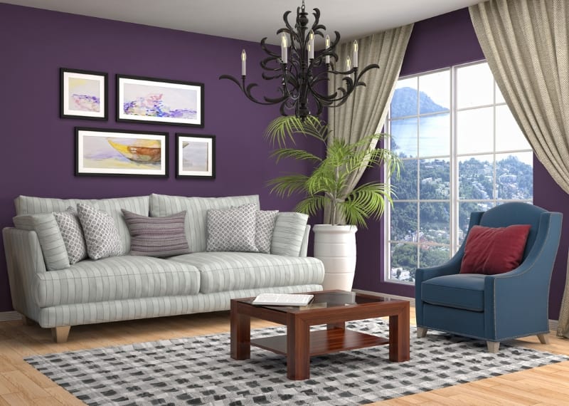 Cozy navy blue and purple living room