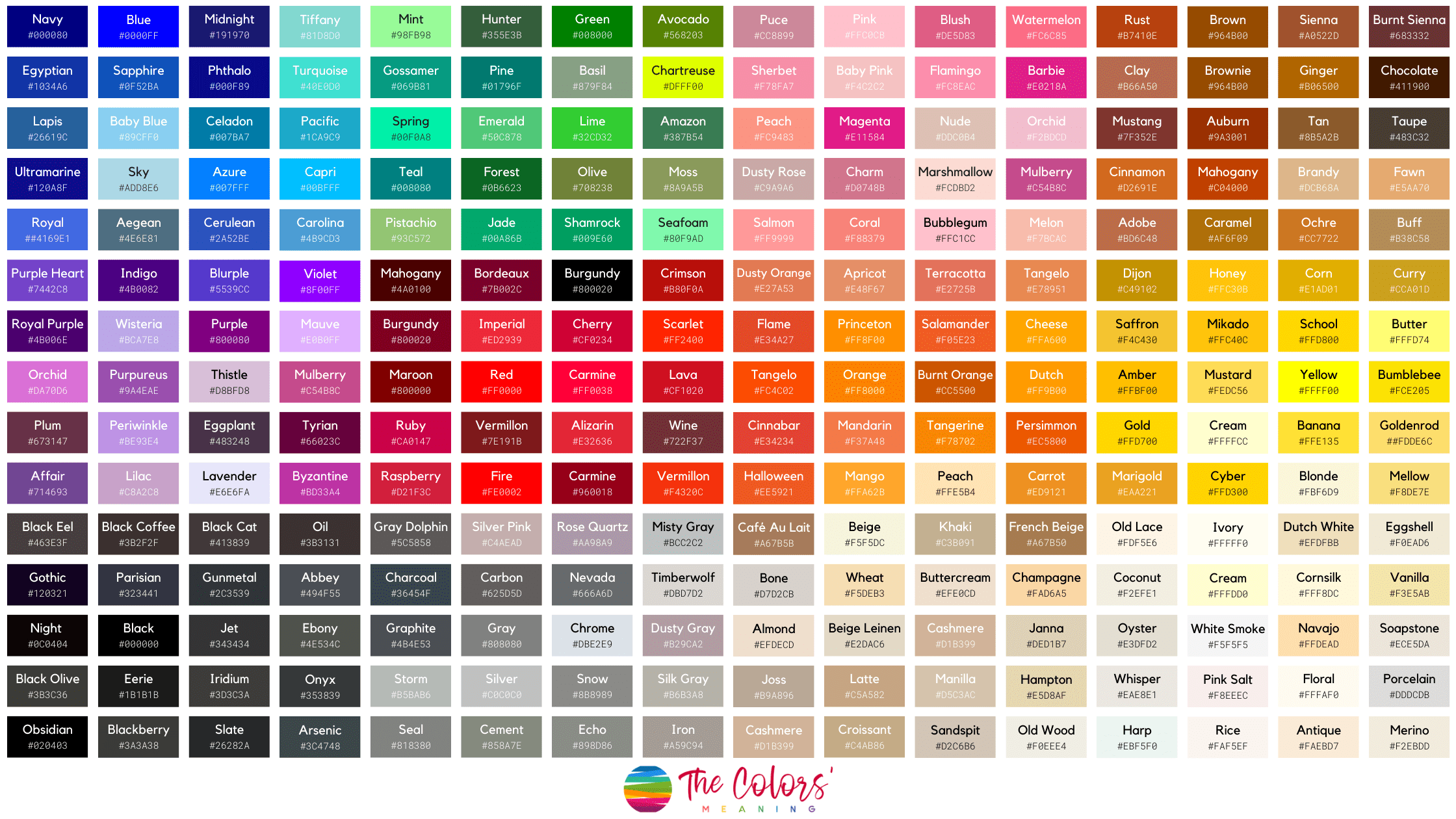 list of colors with color names, hex, RGB & CMYK codes