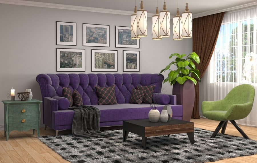 modern green and purple living room