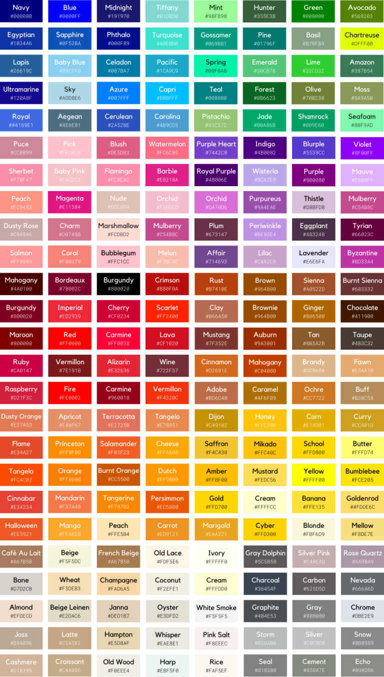 List of Colors: 1000 Colors with Names, Hex, RGB, & CMYK