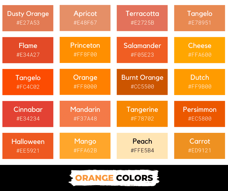 Orange colors with names and hex codes