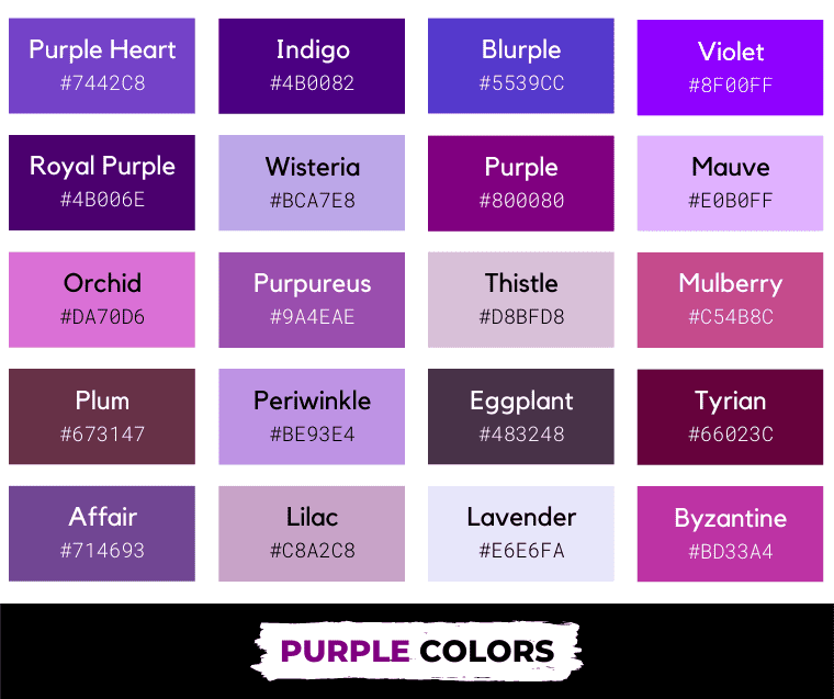 Purple colors with names and hex codes
