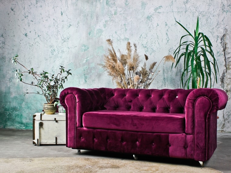 Modern purple and green living room