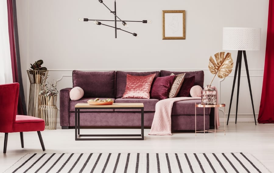 living room in purple, black, and white