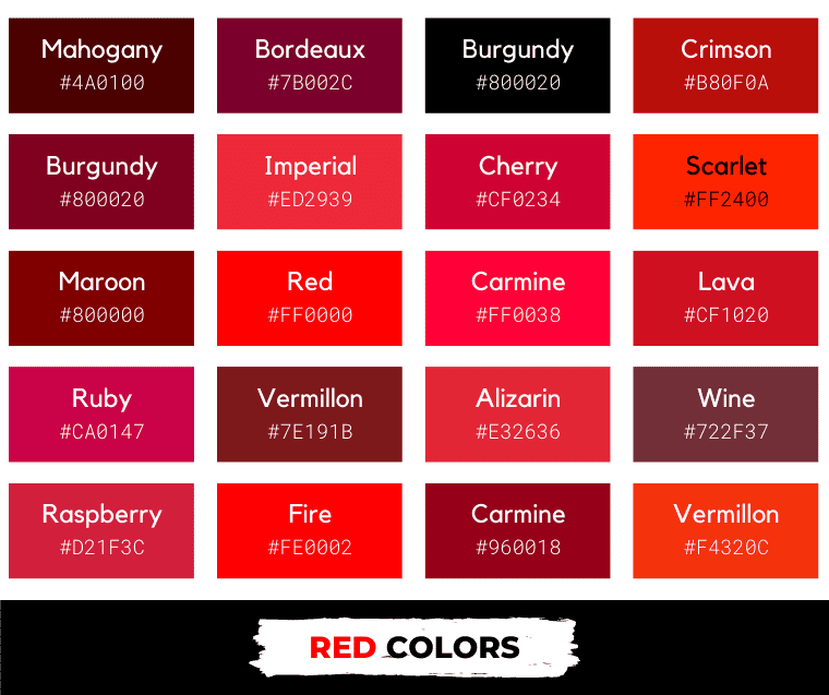 Red colors with names and hex codes