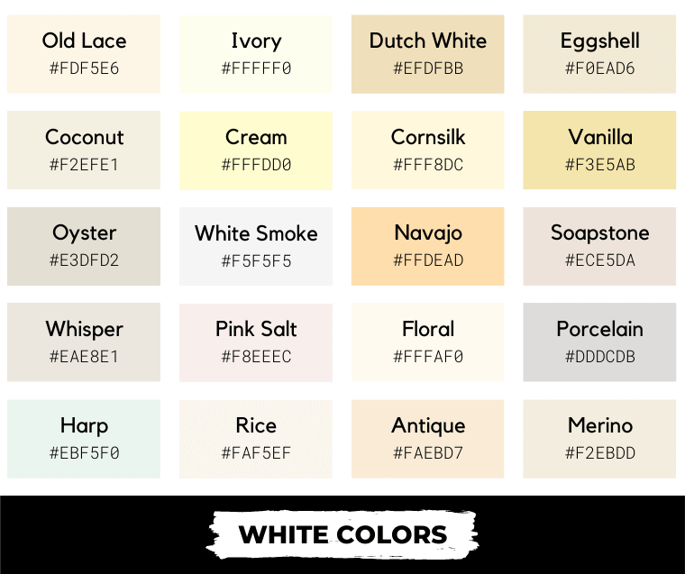 White colors with names and hex codes