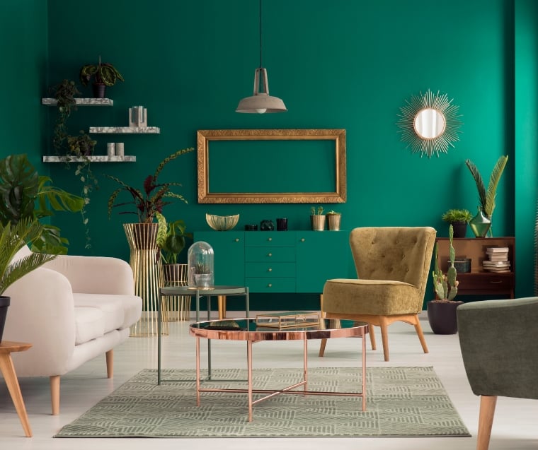Modern interior design with teal and gold