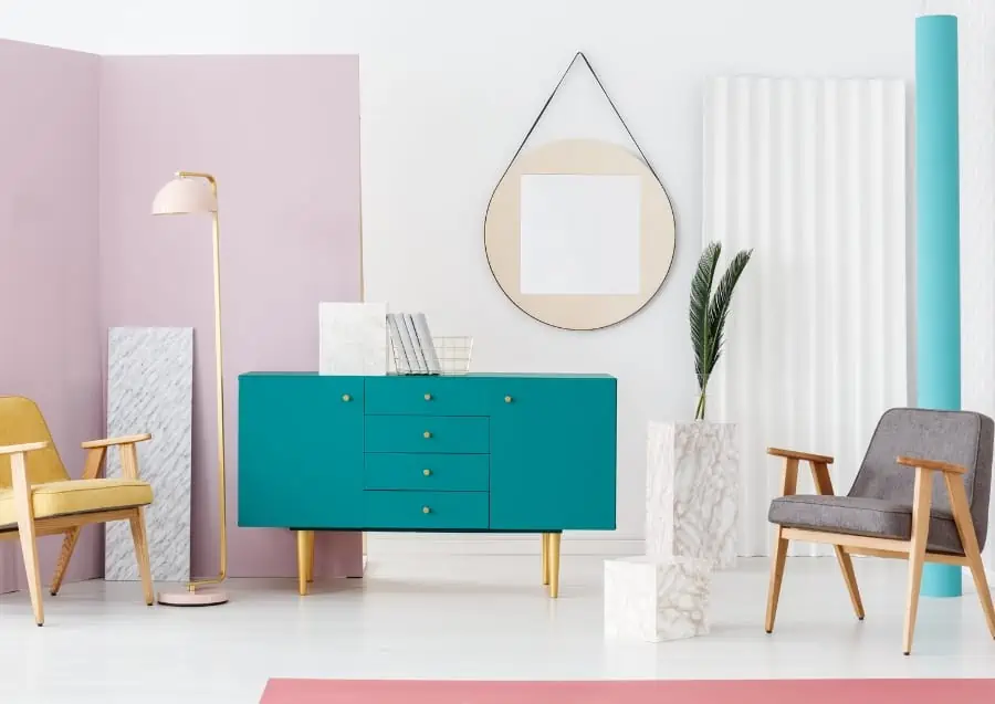 interior design with teal and dusty pink