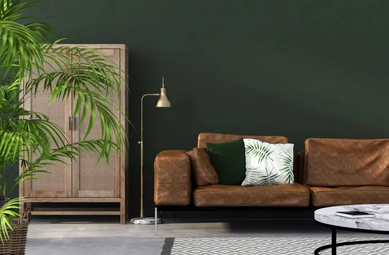 Dark green and brown color combination in a modern living room