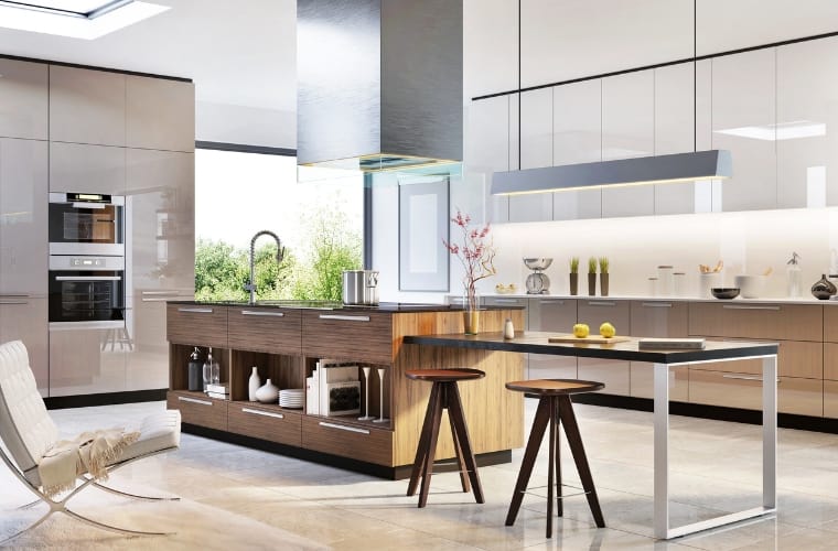 modern kitchen in beige, grey and brown