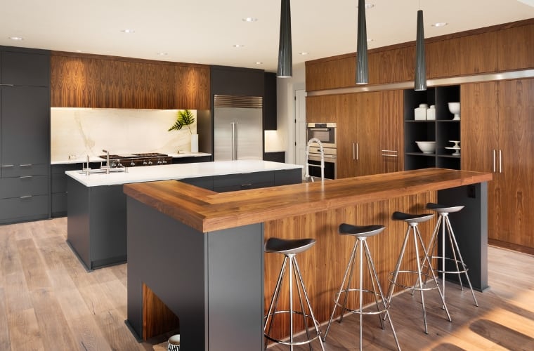Modern open-space brown and gray kitchen