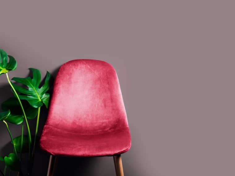 magenta velour chair with green plant and gray background