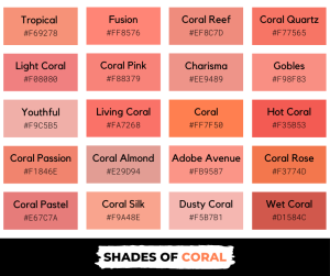 60+ Shades of Coral Color with Names, Hex, RGB, & CMYK