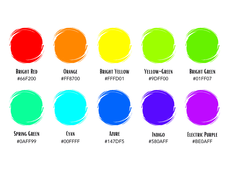 Bright Colors with Names, RGB, CMYK, and Hex Codes