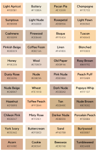60 Shades of Nude Color with Names, Hex, RGB, & CMYK
