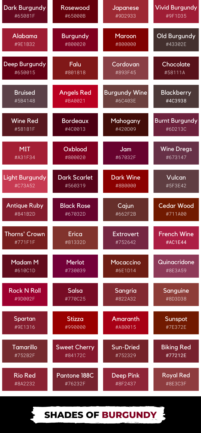 75 Shades Of Burgundy Color With Names Hex RGB Codes