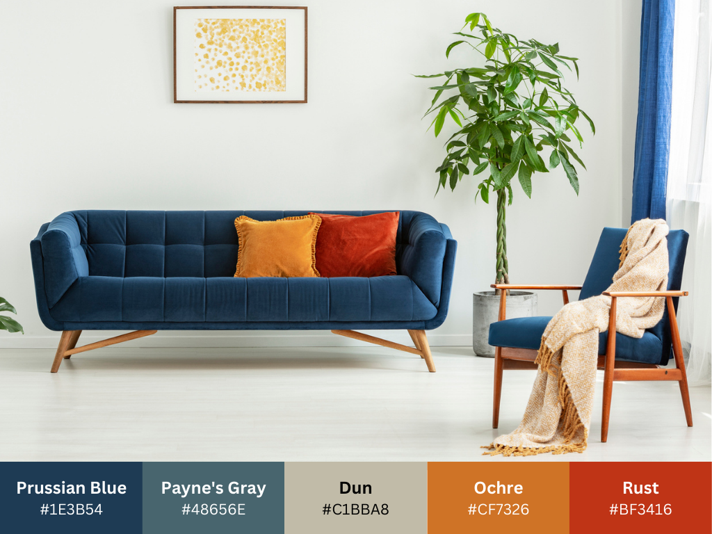 orange and navy blue color palette in interior design