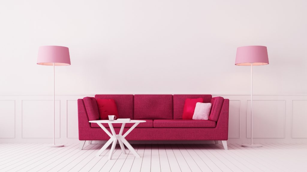 A living room in pink, red and white