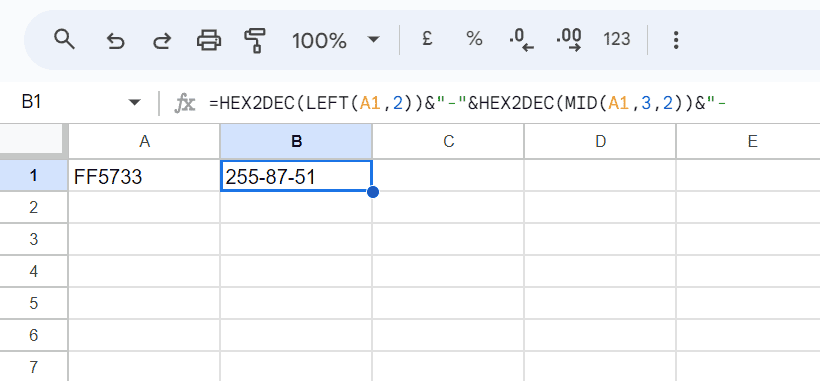 hex to rgb in Google Sheets