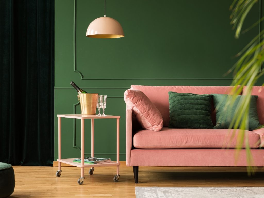 light red and dark green living room